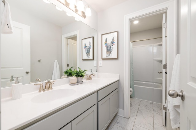2060 Bushnell Farm Dr, Franklin, TN 37064 - bathroom featuring double vanity, shower / tub combo with curtain, toilet, and marble look tiles