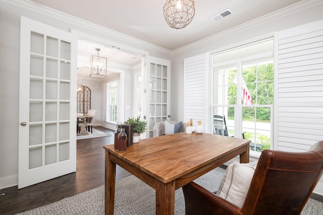 2060 Bushnell Farm Dr, Franklin, TN 37064 - dining space featuring a chandelier, crown molding, dark wood-style flooring, and baseboards
