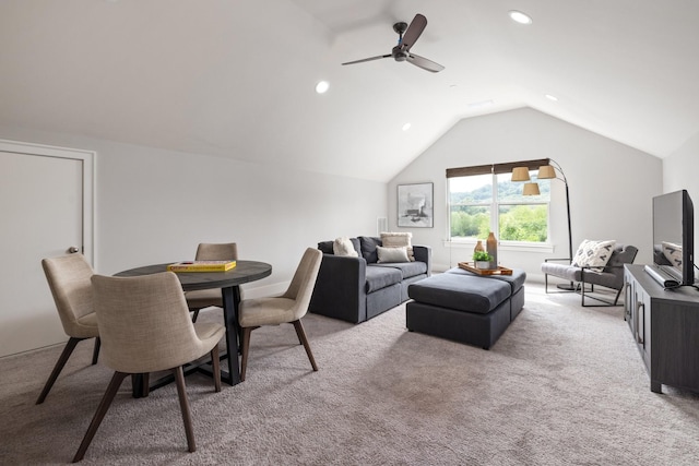 2060 Bushnell Farm Dr, Franklin, TN 37064 - living area featuring light carpet, ceiling fan, lofted ceiling, and recessed lighting