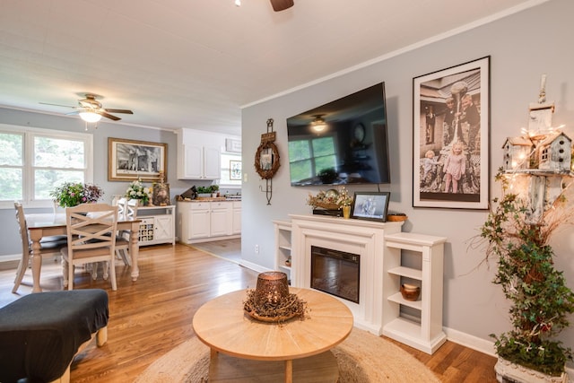 470 Arlington St, Erin, TN 37061 - living room featuring ceiling fan, light wood-style flooring, healthy amount of natural light, crown molding, and baseboards