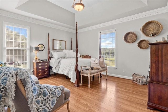 495 Baker Rd, Dickson, TN 37055 - bedroom featuring a tray ceiling, baseboards, light wood-style floors, and crown molding