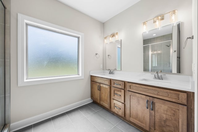 1456 Sango Commons Way, Clarksville, TN 37043 - full bath featuring a shower stall, baseboards, tile patterned flooring, and double vanity