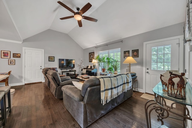 27 Lightning Bug Ln, Sewanee, TN 37375 - living area featuring a ceiling fan, lofted ceiling, dark wood finished floors, and baseboards