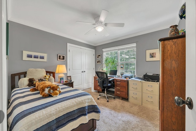 27 Lightning Bug Ln, Sewanee, TN 37375 - bedroom featuring light colored carpet, a closet, an office area, ornamental molding, and ceiling fan