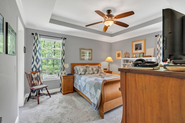27 Lightning Bug Ln, Sewanee, TN 37375 - bedroom with light carpet, a tray ceiling, ornamental molding, baseboards, and ceiling fan