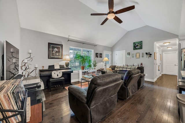 27 Lightning Bug Ln, Sewanee, TN 37375 - living area with ceiling fan, dark wood-type flooring, baseboards, and high vaulted ceiling