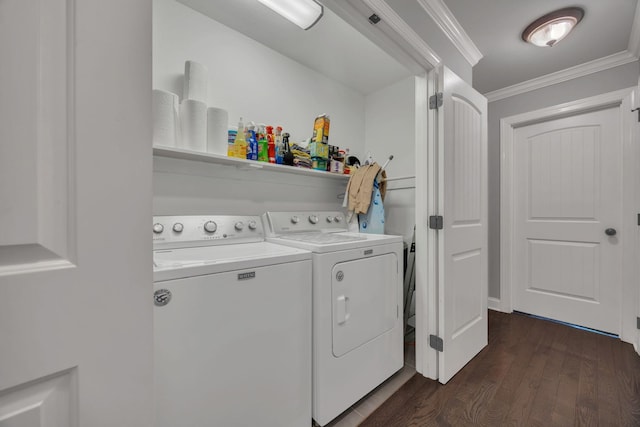 27 Lightning Bug Ln, Sewanee, TN 37375 - laundry room featuring washing machine and dryer, dark wood finished floors, and crown molding