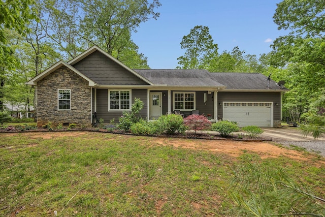 27 Lightning Bug Ln, Sewanee, TN 37375 - view of front of home featuring an attached garage, driveway, a front lawn, and stone siding