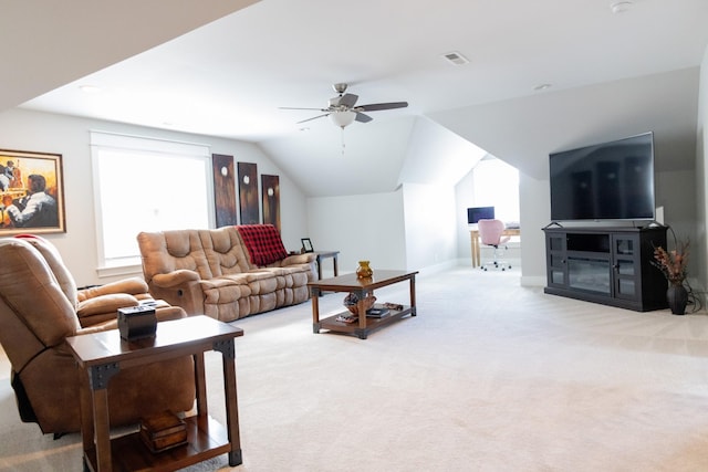 3303 Hampton Turner Dr, Murfreesboro, TN 37128 - living area featuring light colored carpet, ceiling fan, and lofted ceiling