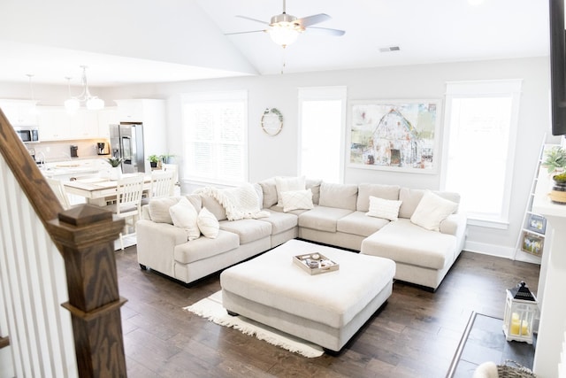 3303 Hampton Turner Dr, Murfreesboro, TN 37128 - living area with lofted ceiling, ceiling fan, dark wood-type flooring, and baseboards