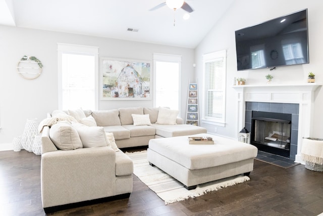 3303 Hampton Turner Dr, Murfreesboro, TN 37128 - living area featuring ceiling fan, a fireplace, dark wood-style flooring, and lofted ceiling
