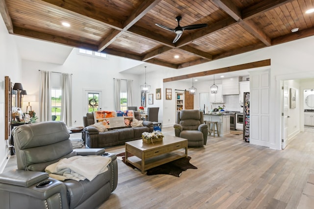 1930 Williams Rd, Lafayette, TN 37083 - living room featuring wood ceiling with exposed beams, light wood-style floors, a ceiling fan, baseboards, and recessed lighting