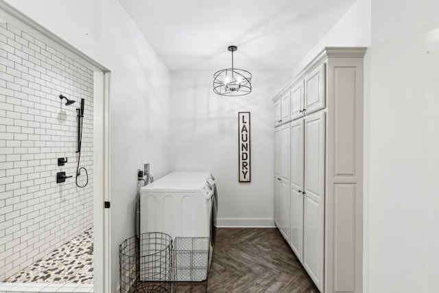 1930 Williams Rd, Lafayette, TN 37083 - laundry room with independent washer and dryer, cabinet space, and a chandelier