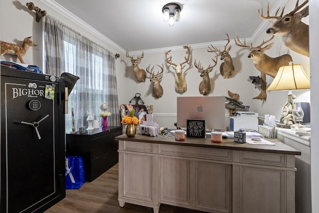 office with crown molding and dark wood-type flooring