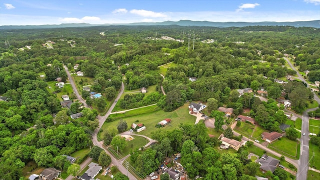 aerial overview of property's location featuring a forest and a mountain backdrop