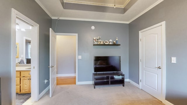 203 Ha Le Koa Ct, Smyrna, TN 37167 - bedroom with carpet flooring, crown molding, baseboards, a tray ceiling, and ensuite bathroom