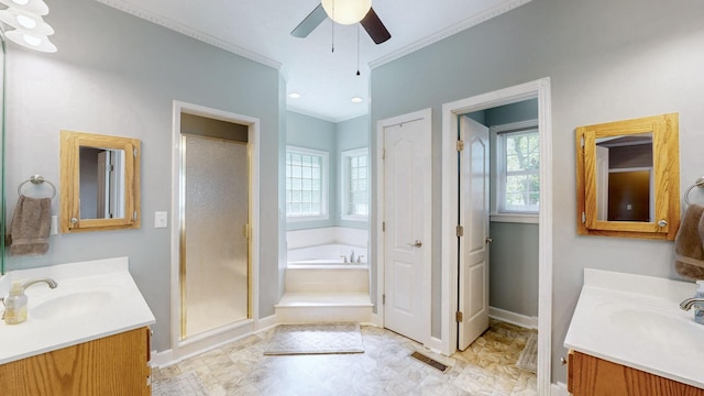 203 Ha Le Koa Ct, Smyrna, TN 37167 - bathroom featuring crown molding, a bath, a stall shower, ceiling fan, and baseboards