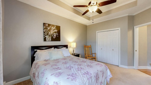 203 Ha Le Koa Ct, Smyrna, TN 37167 - bedroom with a tray ceiling, light carpet, ornamental molding, a closet, and baseboards