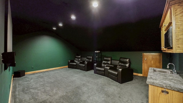 203 Ha Le Koa Ct, Smyrna, TN 37167 - carpeted cinema featuring a sink, lofted ceiling, baseboards, and recessed lighting