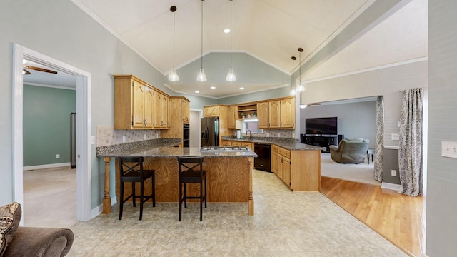 203 Ha Le Koa Ct, Smyrna, TN 37167 - kitchen with black appliances, ornamental molding, a peninsula, pendant lighting, and backsplash