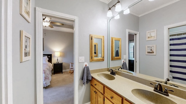 203 Ha Le Koa Ct, Smyrna, TN 37167 - ensuite bathroom featuring ornamental molding, double vanity, ceiling fan, and baseboards