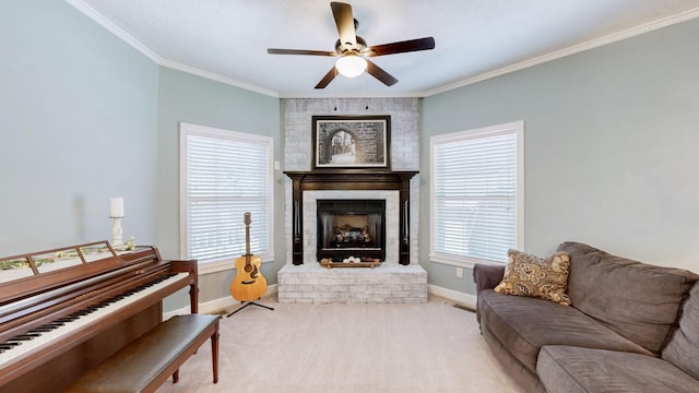 203 Ha Le Koa Ct, Smyrna, TN 37167 - living room featuring baseboards, a brick fireplace, crown molding, and a ceiling fan