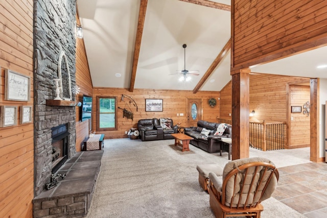 4455 Tarsus Rd, Palmyra, TN 37142 - living area featuring wooden walls, a fireplace, high vaulted ceiling, beamed ceiling, and ceiling fan