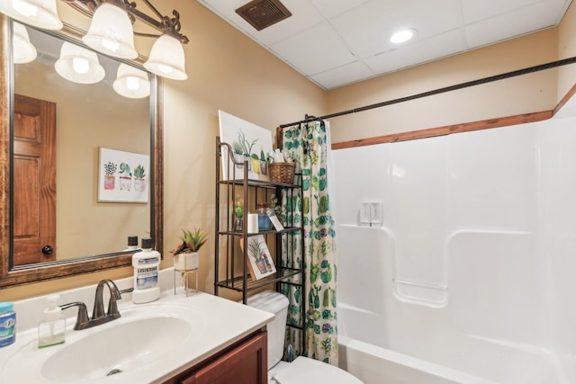 4455 Tarsus Rd, Palmyra, TN 37142 - bathroom with toilet, vanity, shower / tub combo, and a paneled ceiling