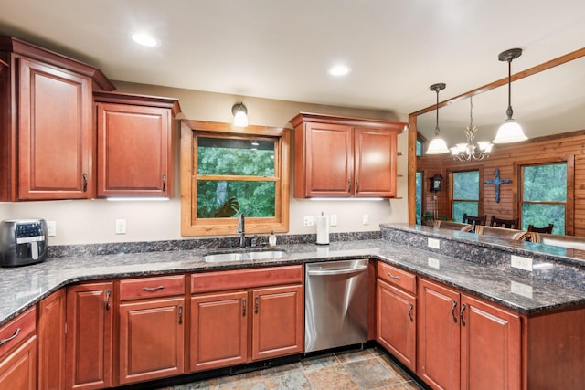 4455 Tarsus Rd, Palmyra, TN 37142 - kitchen with dishwasher, a sink, a peninsula, decorative light fixtures, and dark stone countertops