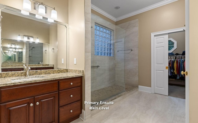 2385 Clear Brooks Dr, Signal Mountain, TN 37377 - full bath featuring walk in shower, crown molding, vanity, a spacious closet, and baseboards
