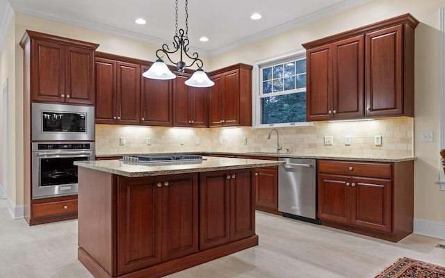 2385 Clear Brooks Dr, Signal Mountain, TN 37377 - kitchen with stainless steel appliances, a sink, decorative light fixtures, light stone countertops, and a kitchen island