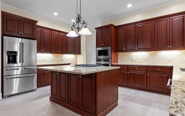 2385 Clear Brooks Dr, Signal Mountain, TN 37377 - kitchen with stainless steel appliances, a center island, decorative light fixtures, ornamental molding, and tasteful backsplash