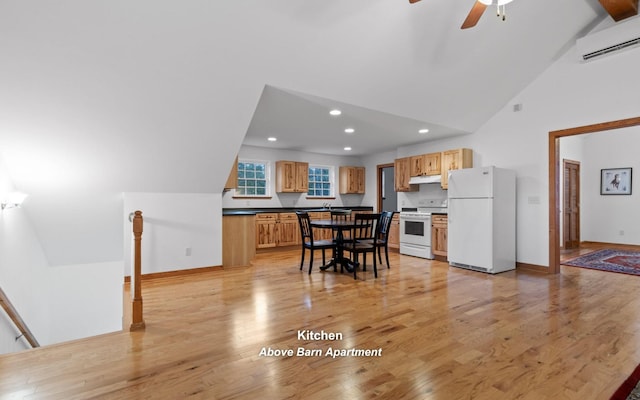 2385 Clear Brooks Dr, Signal Mountain, TN 37377 - kitchen featuring white appliances, dark countertops, a ceiling fan, under cabinet range hood, and a wall mounted air conditioner