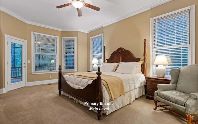 2385 Clear Brooks Dr, Signal Mountain, TN 37377 - bedroom featuring light colored carpet, access to outside, crown molding, and multiple windows