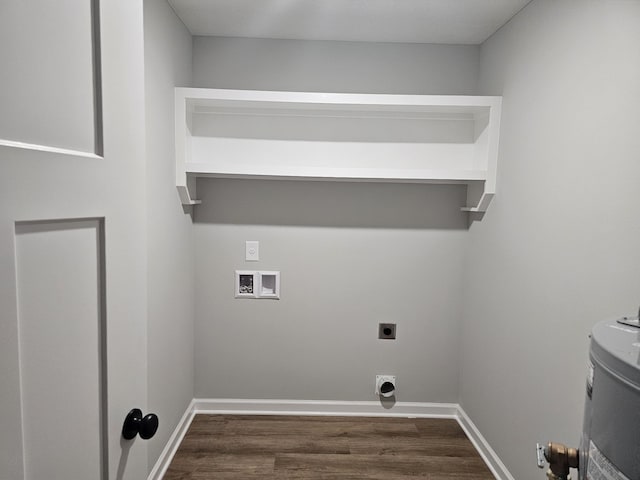 1331 Springplace Rd, Lewisburg, TN 37091 - laundry room featuring hookup for an electric dryer, washer hookup, dark wood finished floors, water heater, and baseboards