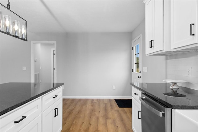 1331 Springplace Rd, Lewisburg, TN 37091 - kitchen featuring stainless steel dishwasher, light wood finished floors, white cabinets, and decorative light fixtures