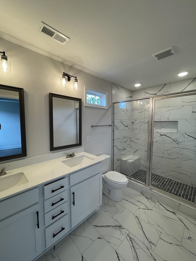 53 Charleston Cv, Clarksville, TN 37043 - full bath featuring a marble finish shower, double vanity, marble look tiles, and recessed lighting