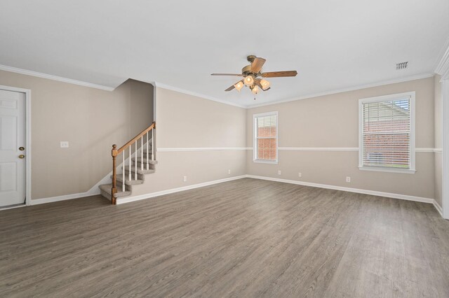 404 Biltmore Cir, Murfreesboro, TN 37128 - empty room featuring ceiling fan, wood finished floors, stairs, crown molding, and baseboards