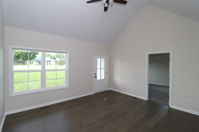 10172 Galen Rd, Lafayette, TN 37083 - foyer with ceiling fan, dark wood-type flooring, baseboards, and high vaulted ceiling