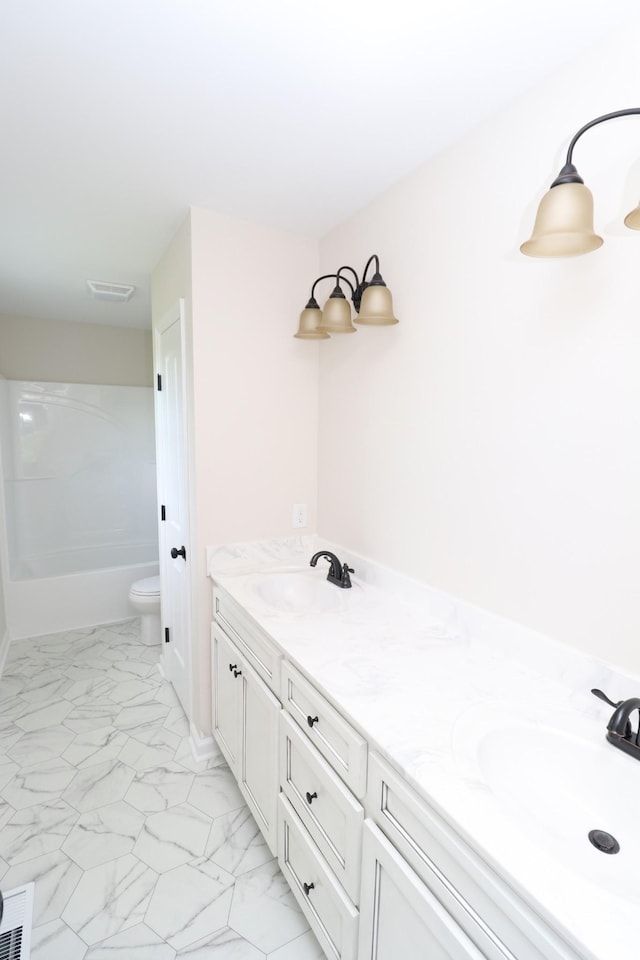 10172 Galen Rd, Lafayette, TN 37083 - full bath with marble look tiles, double vanity, toilet, and tub / shower combination