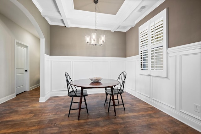 102 Murrell Rd, Dickson, TN 37055 - dining room with a decorative wall, coffered ceiling, a chandelier, dark wood-style floors, and beam ceiling