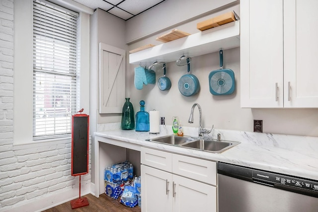105 W Walnut St, Smithville, TN 37166 - kitchen with dishwasher, a sink, white cabinets, dark wood finished floors, and a drop ceiling