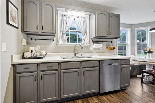 2236 Kim Dr, Clarksville, TN 37043 - kitchen with gray cabinetry, stainless steel dishwasher, a sink, and plenty of natural light