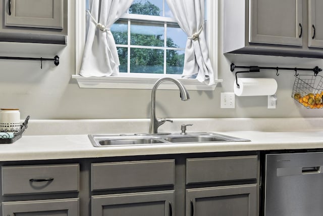 2236 Kim Dr, Clarksville, TN 37043 - kitchen with stainless steel dishwasher, gray cabinets, a sink, and light countertops