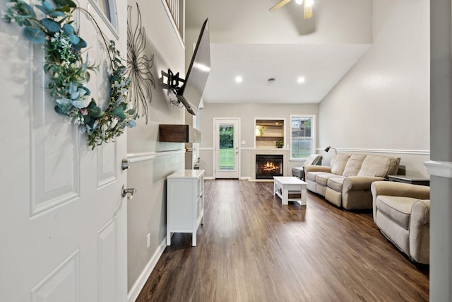 2236 Kim Dr, Clarksville, TN 37043 - living room with dark wood-type flooring, a tile fireplace, baseboards, recessed lighting, and a ceiling fan
