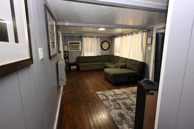 9097 Denton Rd, Linden, TN 37096 - living room featuring dark wood-type flooring and a wall mounted air conditioner