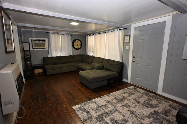 9097 Denton Rd, Linden, TN 37096 - living room with wood finished floors, heating unit, and a wall mounted air conditioner