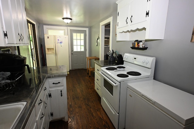 9097 Denton Rd, Linden, TN 37096 - kitchen featuring white appliances, dark wood-style flooring, white cabinetry, and a sink
