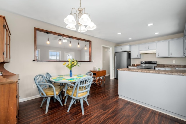 380 Strawberry Dr, Winchester, TN 37398 - dining space featuring a chandelier, dark wood-type flooring, recessed lighting, and baseboards