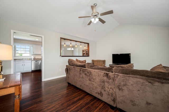 380 Strawberry Dr, Winchester, TN 37398 - living area featuring dark wood-type flooring, a ceiling fan, baseboards, and lofted ceiling